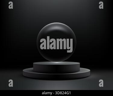 modern 3D showcase luxury products. minimal design dark background and glowing black sphere floating above circular pedestal. brands elegant, abstract Stock Vector