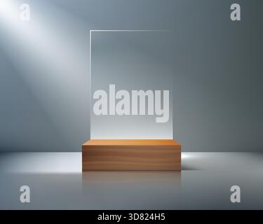 3D wooden rectangular pedestal and clear glass display pane. Set against a smooth gray studio background. luxury products and mockups modern showroom Stock Vector