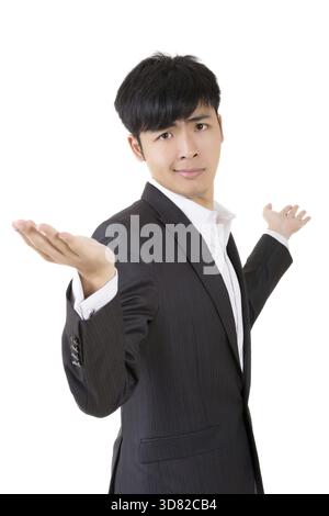 Businessman give you a gesture of unsure, closeup portrait on white background Stock Photo