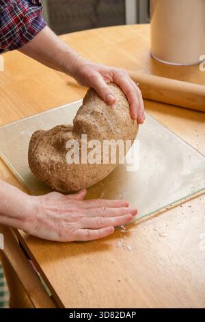 Woman kneading a multi-loaf multigrain bread dough, folding the dough over Stock Photo