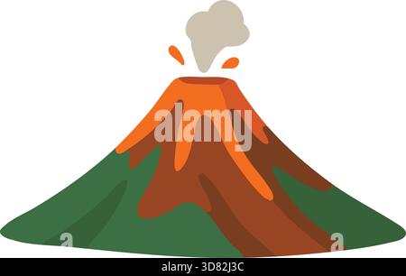 A green sided composite volcano with red orange lava streaks and a small burst at the crater. Stock Vector