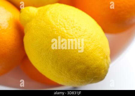 Fresh yellow lemon in pile of citrus oranges in bowl on a white table Stock Photo