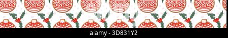 Christmas festive border pattern with xmas cookies and holly berry. Cartoon flat illustration of gingerbread cookies and pine branches. Stock Vector