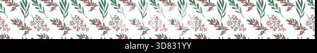 Christmas border pattern with winter plants. Cartoon flat illustration isolated. Winter botanical border with cotoneaster, snowberry. Stock Vector