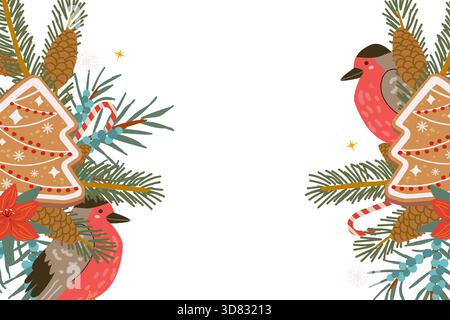 Festive Christmas frame with botanical elements, bullfinch bird, tree gingerbread cookies and winter plants. Holiday border featuring juniper berries, Stock Vector