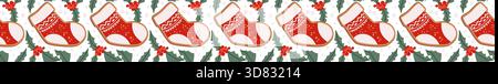 Christmas seamless border pattern with xmas cookies and holly berry. Horizontal border, christmas washi tape design for gifts. Stock Vector