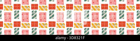 Seamless christmas festive border with gifts. Pattern with red, green and pink present boxes. Christmas tape. Stock Vector