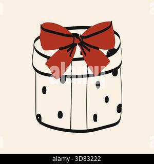 A round gift box decorated with red dots and a bright red bow sits against a soft beige background. This cheerful design captures the spirit of giftin Stock Vector