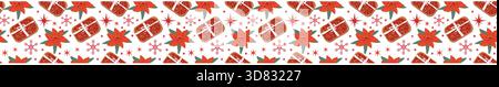Christmas seamless border in red colors. Festive decorations tape for gift, wrapping papers. Christmas cookies gift border with winter plant, stars an Stock Vector