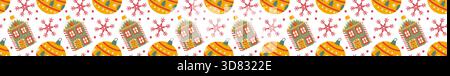 Seamless border with christmas cookies houses and ornaments, snowflakes. Christmas border pattern isolated with festive elements, xmas tape for gifts. Stock Vector