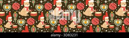 Seamless holiday pattern featuring woodland rabbit with festive ornaments and stars. Cute vector illustration for seasonal greeting cards, invitations Stock Vector