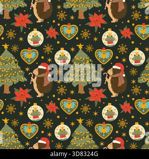 Christmas pattern with hedgehog and ornaments. Cute repeat design with festive elements baubles, winter plants and snowflakes. Cute spruce and hedgeho Stock Vector