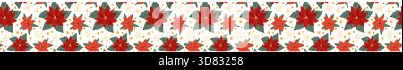 Vector christmas border pattern with winter flowers and snowflakes on white background. Poinsettia seamless border can used for christmas wrapping pap Stock Vector