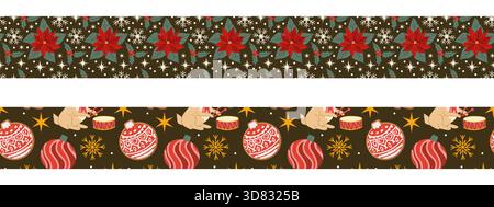 Seasonal holiday border featuring poinsettia with decorative ornaments. Seamless winter design on dark backdrop ideal for greeting cards and wrapping Stock Vector