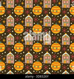 Christmas pattern with gingerbread houses cookies and ornaments in cartoon flat style. Vector illustration on dark background. Christmas pattern for k Stock Vector