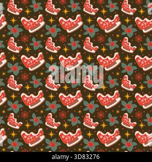 Christmas cookies pattern. Cozy holiday repeat design with festive gingerbread cookies, seasonal botanicals, stars, and ornaments. Vintage-inspired wi Stock Vector
