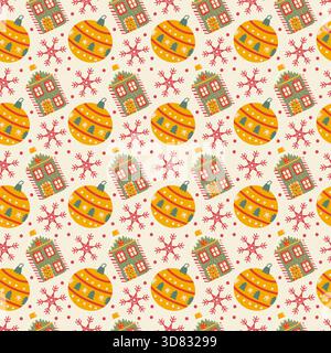 Christmas pattern with gingerbread houses cookies and ornaments in cartoon flat style. Vector illustration. Christmas pattern for kitchen textile, bac Stock Vector