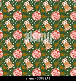 Seamless Christmas pattern with gingerbread bell bauble, festive cookies, winter botanical elements, and holiday decorations. Cozy repeating backgroun Stock Vector