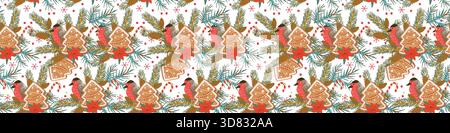 Christmas pattern with festive elements, gingerbread and red bird, fir, spruce branches vector illustration. Seamless border for christmas wrapping, f Stock Vector
