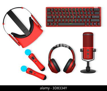 Gaming accessories including VR headset, RGB keyboard, headphones, and microphone shown isolated on white background with clipping path, tech concept Stock Photo