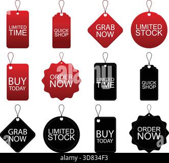 Set of Red and Black Hanging Tags Displaying Limited Time, Quick Shop, Grab Now, Limited Stock, Buy Today, and Order Now Stock Vector