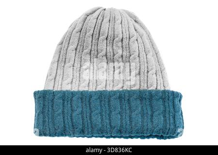 Grey and blue winter knit hat isolated on white background Stock Photo