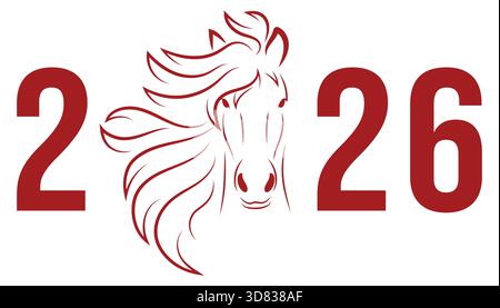 Red 2026 Number with Horse Head Line Art - Lunar New Year Concept Design Element Stock Vector