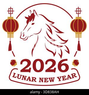 2026 Lunar New Year Horse Zodiac Design with Chinese Lanterns and Red Gold Festive Emblem Illustration Stock Vector