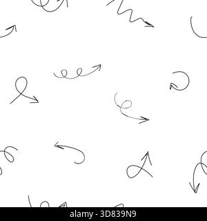 Arrows, circles and spirals, black and white sketch. Vector illustration. The seamless pattern is isolated on a white background. The arrows are hand- Stock Vector