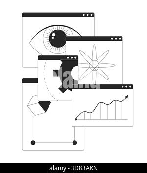 Data science in overlapping browser windows line illustration concept Stock Vector