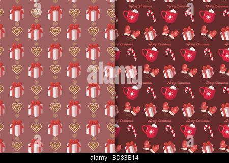 Two festive wrapping paper patterns left white gift boxes with red bows and golden heart cookies on reddish-brown right mugs, candy canes, gingerbread Stock Vector