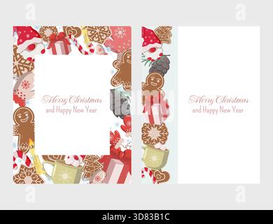 Two Christmas greeting cards one with a festive border of cookies, mugs, gifts, and pinecones around Merry Christmas and Happy New Year the other Stock Vector