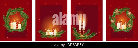 Set of greeting cards with burning candles and pine wreaths, festive decor, Christmas and winter holidays Stock Vector