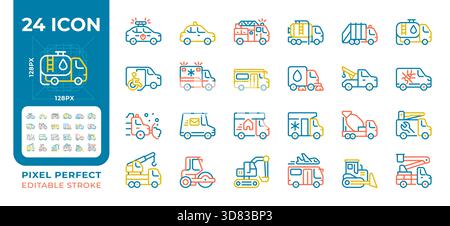 Service vehicles pixel perfect two color line icons set Stock Vector