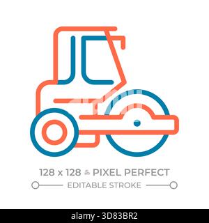 Road roller pixel perfect two color line icon Stock Vector