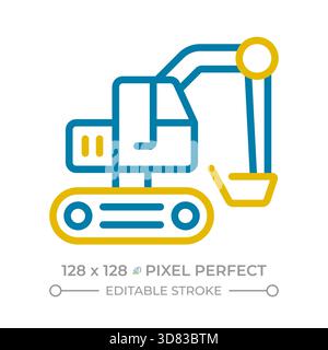 Excavator pixel perfect two color line icon Stock Vector
