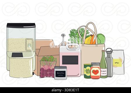 Concept of sustainable packaging solution. Circular Reusable Packaging business model. Hand drawn vector illustration. Stock Vector