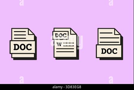Document file icons set in retro vaporwave aesthetic. Nostalgic office software symbols with flat design for digital workspace, app interface, or tech Stock Vector