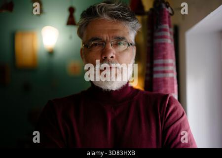 Mature man with gray beard and glasses looking at camera Stock Photo