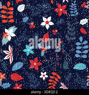 Snowy vector seamless pattern with winter foliage in blue and red for Christmas backgrounds and wrapping paper Stock Vector