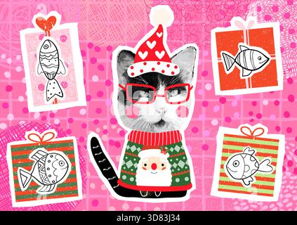 Fun and cute vector cat with ugly Christmas sweater and funny gift boxes, presents with fish, holiday greeting card design concept Stock Vector