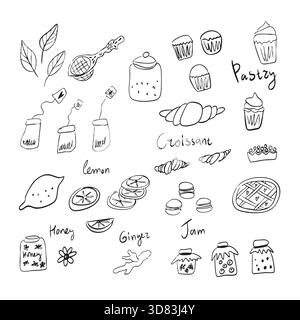 Doodle illustration of tea party, cute tea bags, sugar, honey, lemon, ginger, tea strainer. Pastries, croissants, muffins, cake. Stock Vector