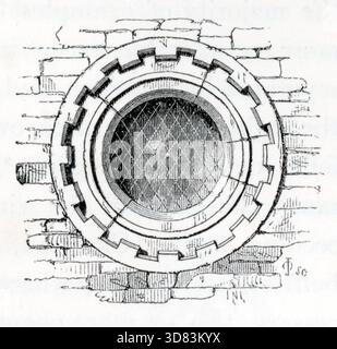 A circular window set in brickwork, its outer ring formed of evenly spaced rectangular notches. Within, a diamond‑patterned lattice suggests leaded glazing. Shading emphasises the depth of the reveal and the contrast between the toothed frame and surrounding masonry. From one of a collection of woodcuts published in the 4th (enlarged) edition of A Glossary of Terms Used In Grecian, Roman, Italian and Gothic Architecture, which was published in 1845. In some cases the pages had some moderate foxing, which may be visible in my photographs. Stock Photo