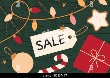 sale price tag, christmas lights, fir branch, gift, bauble and golden stars, perfect for holiday discounts, promotions and winter sale- vector illustr Stock Vector