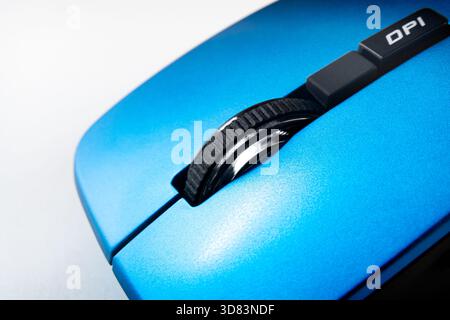 Blue Wireless Computer Mouse Scroll Wheel And Dpi Button Closeup On White Background, Modern Office Technology Control Detail Stock Photo