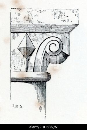 A Victorian architectural plate showing an Ionic‑style capital with a single volute on one side and a faceted geometric block on the other, set beneath a simple abacus. Fine shading emphasises the spiral contour, angled facets and the crisp ornamental balance of the composition. From one of a collection of woodcuts published in the 4th (enlarged) edition of A Glossary of Terms Used In Grecian, Roman, Italian and Gothic Architecture, which was published in 1845. In some cases the pages had some moderate foxing. Stock Photo