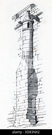 A tall masonry chimney rises from a stone wall, tapering upward before transitioning into a cylindrical flue capped with a conical top. The drawing emphasises medieval construction, textured masonry and Victorian precision in documenting historic architectural features. From one of a collection of woodcuts published in the 4th (enlarged) edition of A Glossary of Terms Used In Grecian, Roman, Italian and Gothic Architecture, which was published in 1845. In some cases the pages had some moderate foxing. Stock Photo