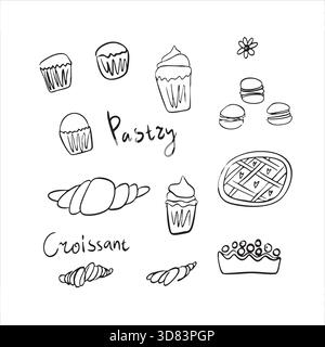 Doodle illustration for a cafe with pastries, croissants, cream cakes, pies, macarons, and tartlets. Stock Vector