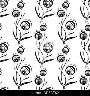 Fantasy isolated black flowers bouquet on white background. Minimalist summer bouquet seamless pattern. Floral ornament. Background design of flowers Stock Vector