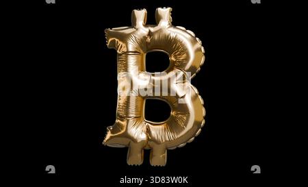 Bitcoin balloon floating on a black background, BTC bubble, gold metallic crypto. Stock Photo